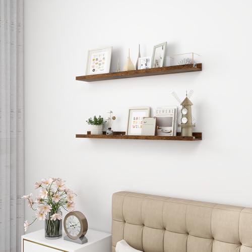 Acovy Picture Ledge Shelf, Wood Floating Shelves Set of 2, 36 inch Picture Ledge Shelves, Photo Ledge Nursery Book Shelves Wall Mounted for Living Room Kids\' Room Bedroom, Color Brown - Thumbnail 5