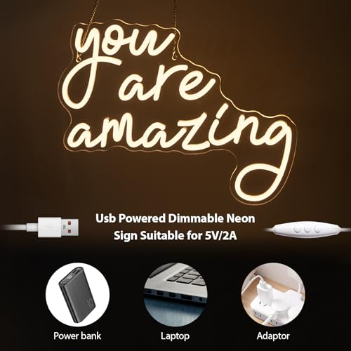 Image of You Are Amazing Neon Sign Warm White Usb Word Neon Lights for Wall Decor Led Letter Light Up Sign for Classroom Bedroom Home Bar Man Cave Party Birthay Wedding Gifts