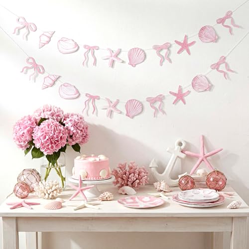 Image of Oudain 2 Pack Pink Bow Starfish and Seashell Garland 6.56 ft Ocean Coastal Beach Party Under the Sea Paper Bow Hanging Banner for Summer Birthday Wedding Bachelorette Mermaid Baby Shower