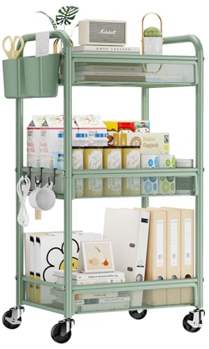 YASONIC 3 Tier Rolling Cart Metal Utility Storage Carts with Wheels Craft Carts Organizer with Hanging Cups Hooks Mesh Basket for Bedside Kitchen Office Art Green