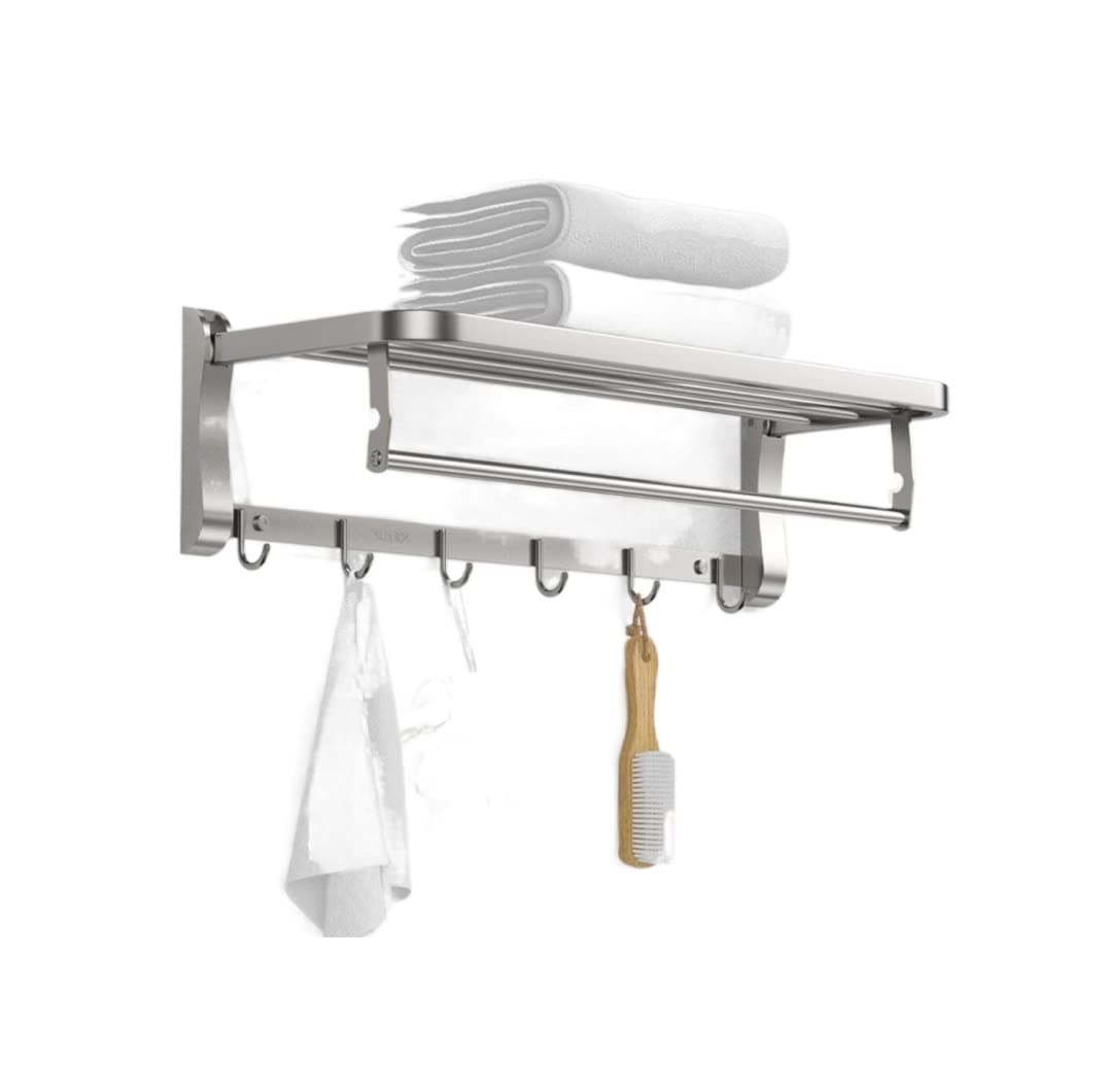 Bathroom Towel Holder Stainless Steel Bath Towel Rack Foldable Wall Mounted Double Holder 6 Hooks Shelf Compact Bathroom Storage(40cm)