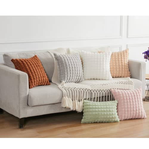 Joyouth Faux Fur Plush Throw Pillow Covers 12X20 Inch Set Of 2 - Square Decorative Pillowcase Checkered Soft Fuzzy Cozy Cushion Case For Couch,Sofa,Living Room - Cream White #TOP4