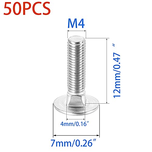 Image of 50 Pcs Carriage Bolts, Coach Bolts,Neck Carriage Bolt, Round Head, Square Neck, Zinc Plated (M4-0.7x12mm)