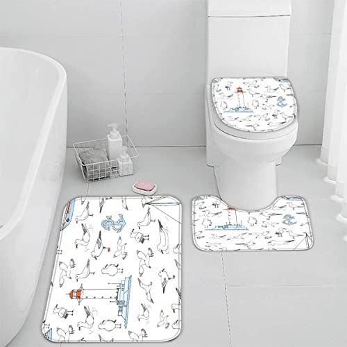 RLYXGS Möwe Leuchtturm Anker Badematten Set 3D Karikatur rutschfest Absorbierend Flanell...