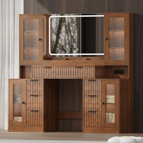 Image of 55 inch Makeup Vanity Desk with Mirror and Lights, Glass Top, Walnut