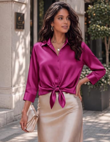 Image of Zeagoo Womens Satin Blouses Button Down Shirts 3 /4 Sleeve Dressy Tops S-2XL