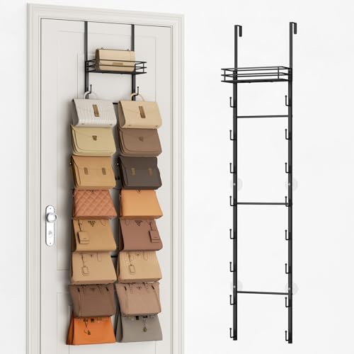 SWTYMIKI Over the Door Purse Organizer - Wall Mounted Handbag Organizer with 16 Hooks and Metal Basket, Hanging Purse Storage Rack Holds up to 16 Bags, Bag Rack Can Use As 1/2 Part, for Door, Closet by SWTYMIKI - Used condition - US$24.69