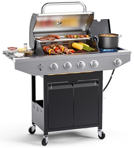 EUHOME 4-Burner Propane Gas BBQ Grill with Side Burner, 46,500