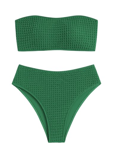 Image of ZAFUL Women's High Cut Bandeau Bikini Set Strapless Solid Color 2 Pieces Bathing Suit Swimsuit
