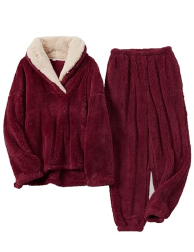 Women's Fluffy Loungewear Sleepwear Lounge Casual Pajamas Sets Loose Long Sleeve Fleece Pullover and Pants Set