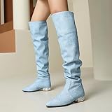 Lizoleor Comfort Low Mid Heel Women Slouch Boots Pointed Toe Block Heel Pull On Fashion Denim Elegant Over The Knee Boots Blue/DL Size 6 UK/40 - Image 4
