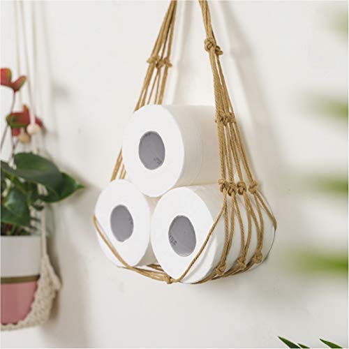 Pesine Toilet Paper Storage Holder Wall Hanging Storage Mesh Bag Boho Handmade Cotton Net Bag Paper Roll Holder for Home Bedroom Bathroom Living Room,Brown,M