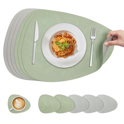 KitchenBoss Set de Table Lavable Dessous de Table et Dessous de Verre Double Face Résistant à la Chaleur et Antidérapant (Vert + Gris, 6 Set) 40x30cm