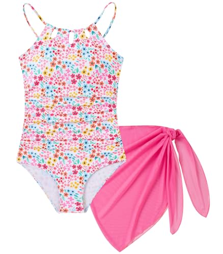 Image of Girls Swimsuit One-Piece Bathing Suit with Mesh Cover Ups Adjustable Straps Cut Out Swimwear Size 7-16