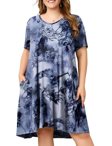 Image of OVERWORETY Womens Short Sleeve Plus Size T-Shirt Dress V Neck Casual Loose Swing A-Line Summer Tunic Dresses with Pockets