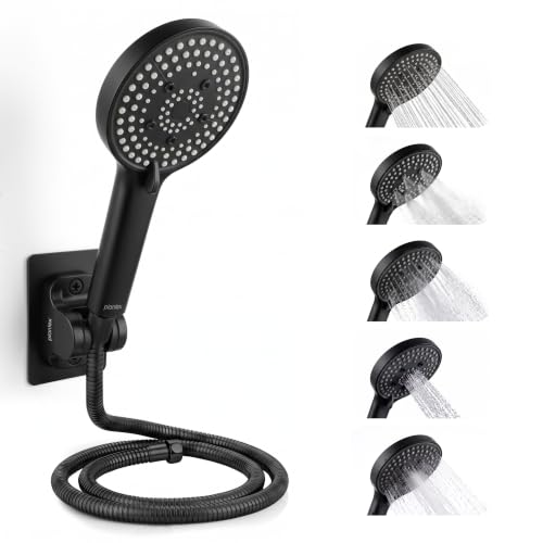 Image of Plantex Bathroom Hand Shower Full Set /5 Mode Handheld Shower with 1.5m Hose Pipe & Self-Adhesive Shower Holder /ABS Hand Shower for Bath- (Black, Combo)