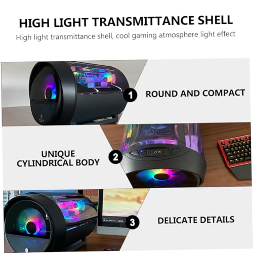Gabinete de PC OSALADI Matx con iluminación RGB, diseño panorámico redondo, negro, con soporte para refrigeración líquida y uso para oficina en casa y juegos miniatura 7