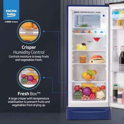 Image of Voltas Beko, A Tata Product 183 L, 4-Star Single Door Direct Cool Refrigerator with Fresh Box Technology (2026 Model, RDC215A / 4W0BBR0M0B00GO, Bonita Blue, Base Drawer)