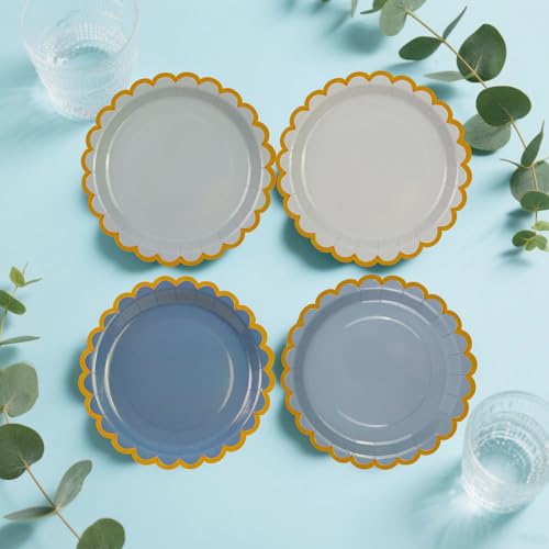 DHAIQC 48PCS Blau Pappteller 18cm, Farbverlauf Blau Partyteller mit Gewellter Goldrand Einwegteller Dessertteller Kuchenteller für Geburtstag Hochzeiten Jubiläums