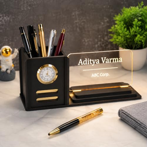 Image of Deskart Customized LED Name Plate Pen Stand with Clock for Office Desk | Wooden MDF Desk Organizer with Warm LED Acrylic Name Plate with Adapter
