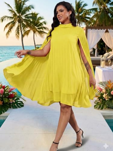 Image of Women's Casual Cape Sleeve Pleated Split Short Dress Loose Fit Cocktail Party Flowy Dress