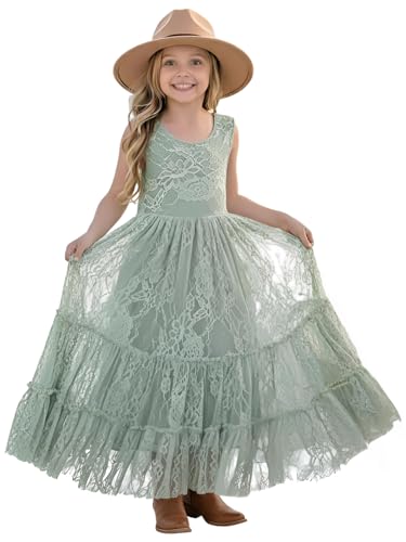 2Bunnies Flower Girl Dress Lace Boho Toddler Dresses Ruffle Girl Dress for Wedding Garden Party Holiday Communion Sleeveless