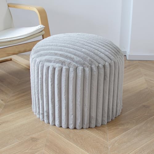 DAWNYIELD Puff Taburete, Puff Redondo de Pelo Sintético Suave - Reposapiés con Relleno de Espuma, 38 x 50 cm, Otomana Multiusos para Salón o Dormitorio, Gris