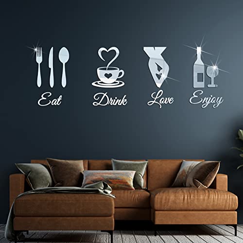 Eforcase Kitchen Logo Mirror Wall Stickers, Kitchen Wall Decal Spoon Coffee Mug 3D Acrylic Mirror Decal,Kitchen Sign Diy Mirror Decor, Removable Mural Stickers For Restaurant Living Room Cafe Bar #TOP4