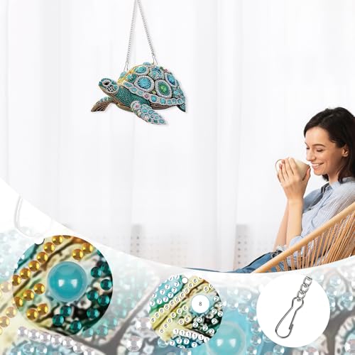Image of DIY Oversized Diamond Painting Sea Turtle Hanging Ornament Kit - 5D Crystal Turtle Wall Art Craft with Chain - Ocean Animal Diamond Art Suncatcher Decoration for Home Window Door Balcony Gift Idea
