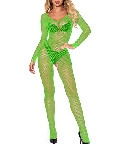 Aucute Fishnet Bodysuit Dessous für Frauen Ganzkörper Netzstrümpfe Rückenfreie Bodystocking Durchsichtiges Mesh Rave Outfits Einheitsgröße Grün