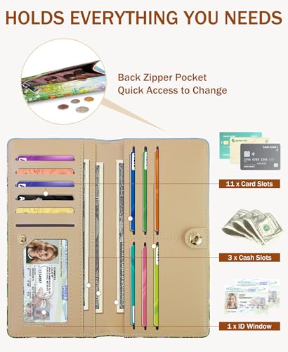 Image of Immaturus Floral Womens Wallet, Slim Thin RFID Blocking Card Wallets, Bifold PU Leather Credit Card Holder Organizer, Cute Cash Clutch Long Billfold with Zipper Coin Pocket Ladies Girls Gift