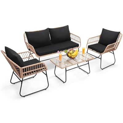 Kromax 4 Piece Patio Bistro Outdoor Furniture Set, Wicker Sofa, 2 Rattan Chairs, and Table, Backyard Conversation Set, All Weather Cushions, Natural Rattan Black Cushion