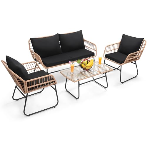 Image of Kromax 4-Piece Patio Bistro Outdoor Furniture Set, Natura /Black | Outdoor All-Weather Wicker Furniture Chairs and Side Table Set, Ideal for Balcony, Porch and Backyard