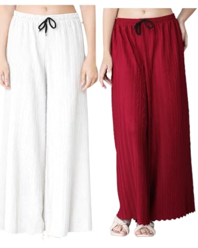 Image of Pack of 2 Women Palazzo Pants | Wide Leg Loose Fit | Combo Pack | Free Size | Stretchable Waist | Casual Wear, Office Wear, Home Wear Palazzo