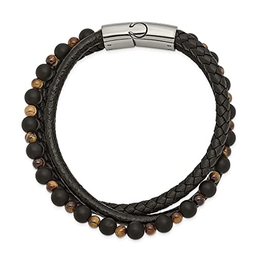 Ice Carats Stainless Steel Multi Strand Tiger Eye Black Agate Beaded Leather 8.25 Inch Bracelet Cord Leatrubber Natural Stone Shell Wood Fashion Jewelry For Women Gifts For Her #TOP1