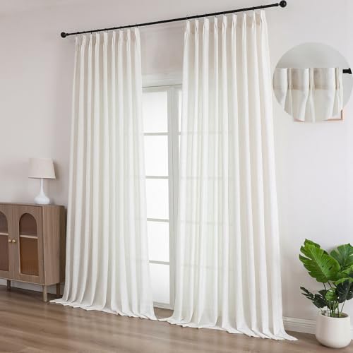 Ftinala Juego de 2 paneles de cortinas plisadas de lino traslúcido color crema marfil de 96 pulgadas de largo, cortinas finas de privacidad para la sala de estar, cortinas con textura rústica, con