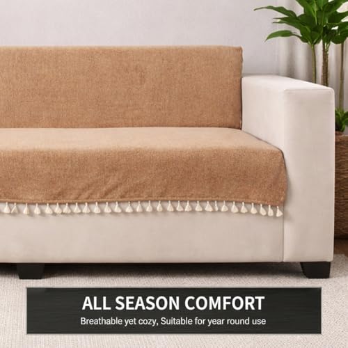 Image of STITCHNEST Beige Chenille Sofa Cover 70x30 Inch - Soft, Durable & Textured Fabric with Tassels | Sofa for Living Room, Bedroom, or Drawing Room11