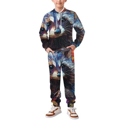 Boys Girls Sweatshirt Set Kid 2 Piece Pullover Hoodie Jogger Sweatpants, Raccoon Stained Glass Art
