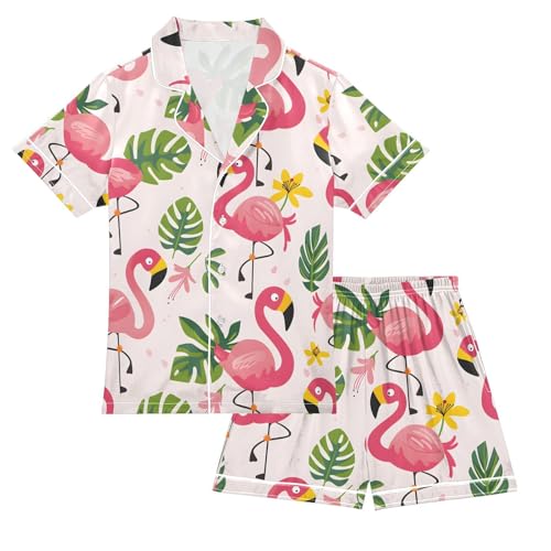 ALAZA Flamingo Flower Floral Palm Leaves Pajamas Satin Pajama Set Short Sleeve Button Down Sleepwear
