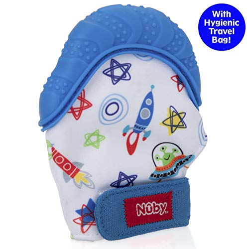 Image of Nuby Soothing Teething Mitten with Hygienic Travel Bag, Blue Space