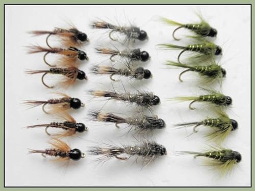 18 BARBLESS Tungsten Bead Trout Flies - Hares Ear, Olives, and Pheasant Tails, Choice of sizes (12)