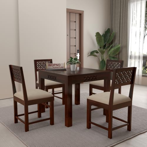 Image of Solid Sheesham Wood 4 Seater Large Dining Table Set with Cushioned Chairs for Dining Room | Living Room | Home & Office | Hotels Restaurant & Cafe (4 Seater Large, Walnut Finish)
