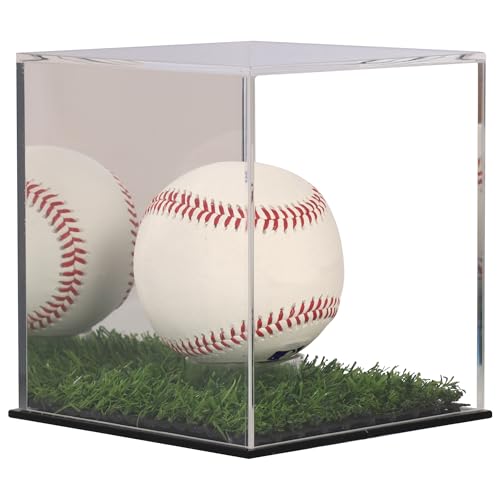 Pro UV Protected Arcylic Softball Display Case Baseball Display Case Stand Championship Square Box UV Protected Clear Display Cube for 12 Inches Ball Storage Collections (W/ Artifical Turf Base)