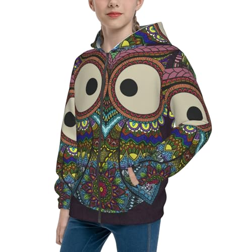 Boho Owl Kids Pullover Hoodies Boys Zip Up Sweatshirts Girls Athletic Clothes with Pocket