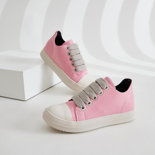 Generic Women's Low Top Casual Sneakers PU Leather Thick Laces Walking Shoes Comfy Platform Shoes Pink4