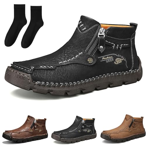 Stepthetop Motorcycle Boots, Men's Casual Leather Shoes Loafers Comfortable Boots Hand Stitched Mid-top Loafers