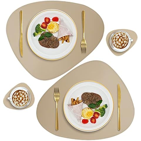 Faux Leather Placemats Set of 2 and Coasters, Heat Resistant Placemats for Dining Table, Waterproof Wipeable Washable Dinner Table Mats, Easy to Clean Kitchen Place Mats Romantic Golden Cover
