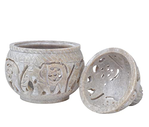 Crocon Soapstone Tea Light Holder For Home Living Room Decor Handmade Floral Elephant Tealight Stand With Lid Vintage Hand Crafted Stone Candle Holders Table Decoration Best Gift Size : 3X3 Inch #TOP4