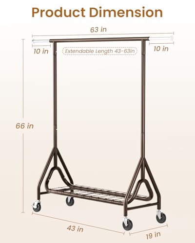 Image of Heavy Duty Clothing Rack, Metal Clothes Rack Load 450 LBS, Rolling Coat Racks for Hanging Clothes with Lockable Wheels, Wardrobe Closet Garment Racks for Bedroom, Brown