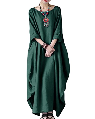 Celmia Women's 3/4 Sleeve Round Neck Solid Loose Long Maxi Dress Cotton Gown with Side Pockets Army Green 2XL